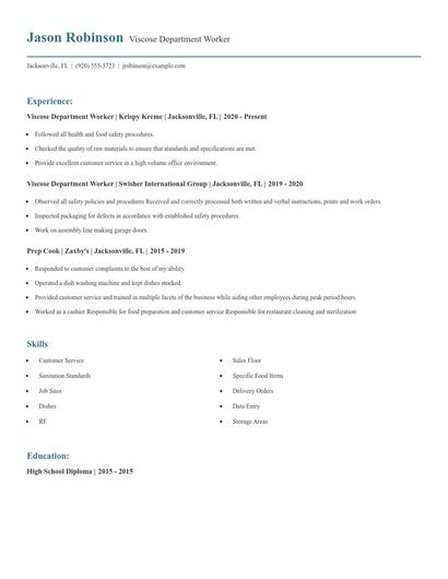 Viscose Department Worker Resume