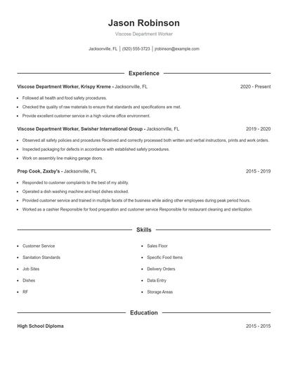 Viscose Department Worker Resume