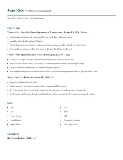 Visitor Services Specialist Resume