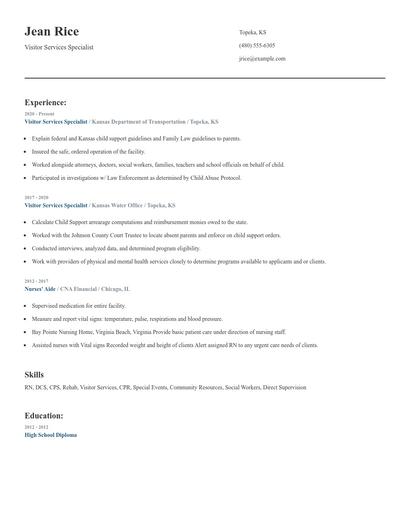Visitor Services Specialist Resume
