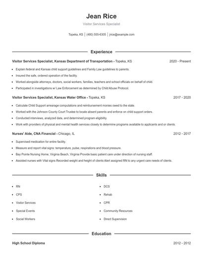 Visitor Services Specialist Resume