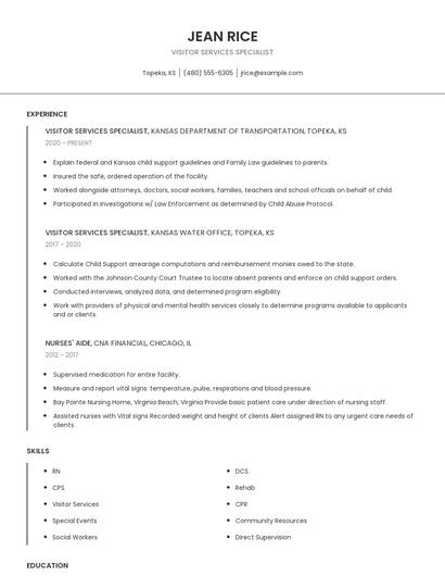 Visitor Services Specialist Resume