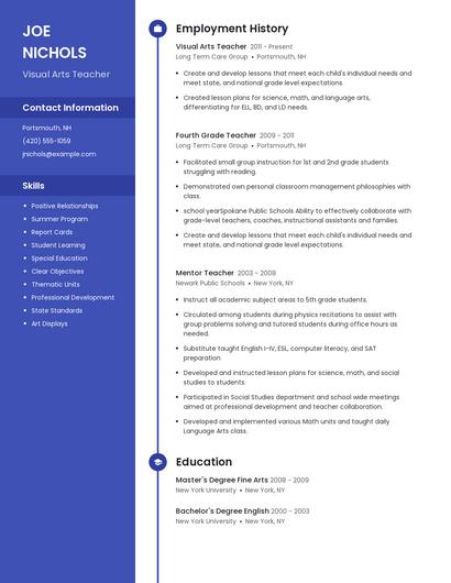 Visual Arts Teacher Resume