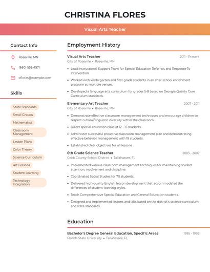 Visual Arts Teacher Resume