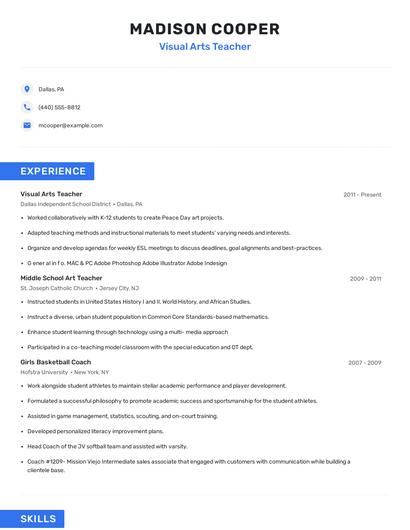 Visual Arts Teacher Resume
