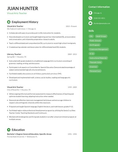 Visual Arts Teacher Resume