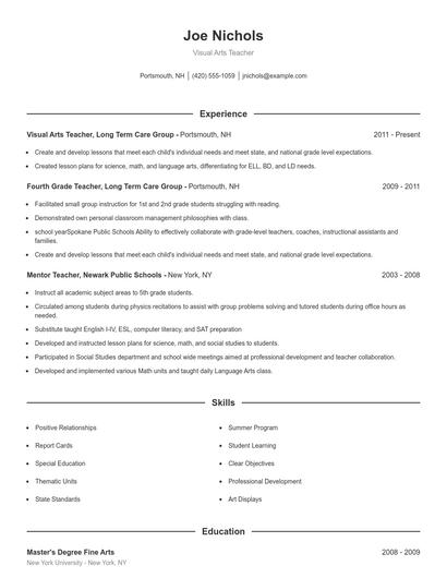 Visual Arts Teacher Resume