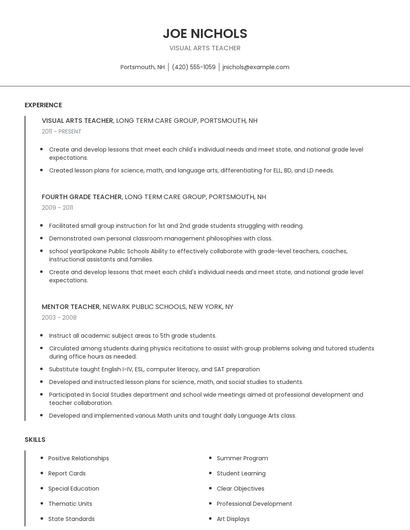 Visual Arts Teacher Resume