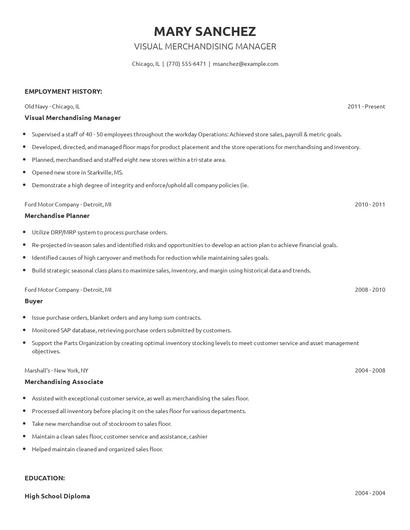 Visual Merchandising Manager Resume
