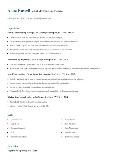 Visual Merchandising Manager Resume