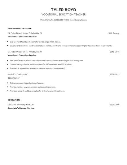 Vocational Education Teacher Resume