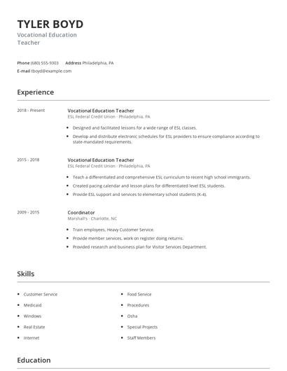 Vocational Education Teacher Resume