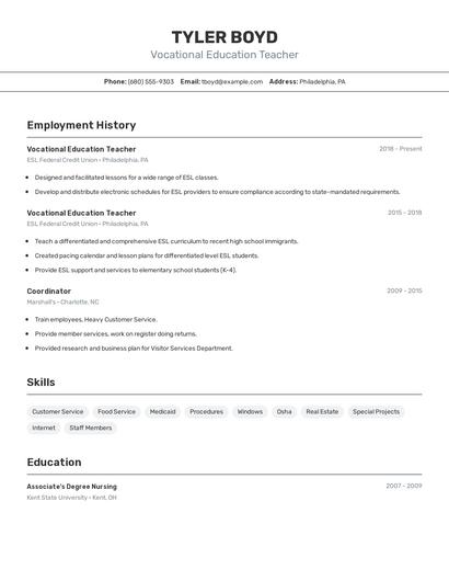 Vocational Education Teacher Resume