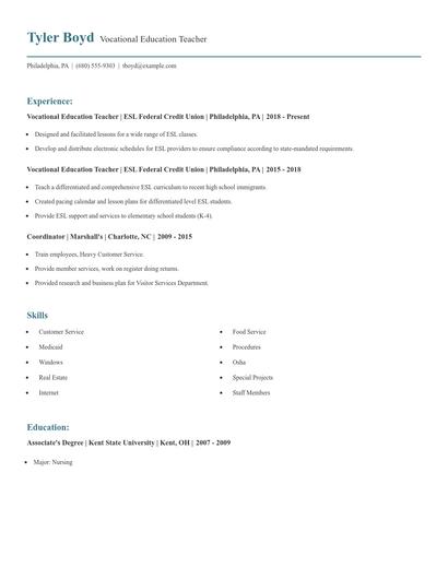 Vocational Education Teacher Resume