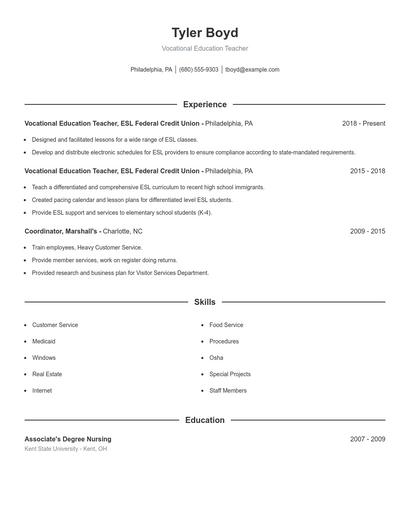 Vocational Education Teacher Resume