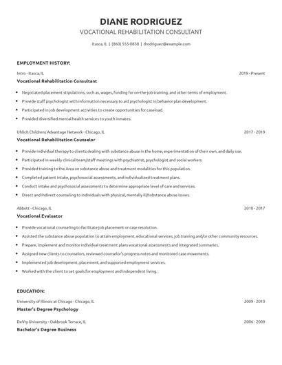 Vocational Rehabilitation Consultant Resume