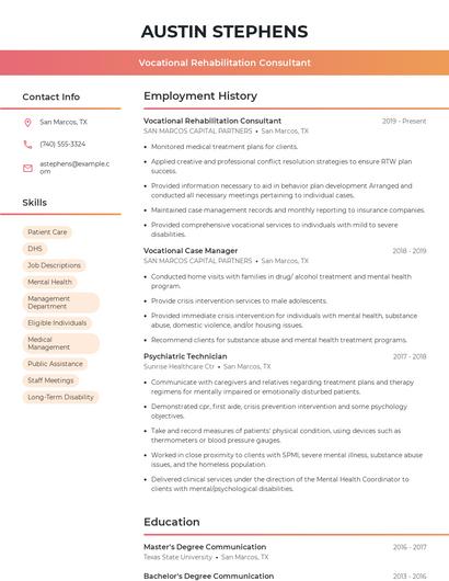 Vocational Rehabilitation Consultant Resume