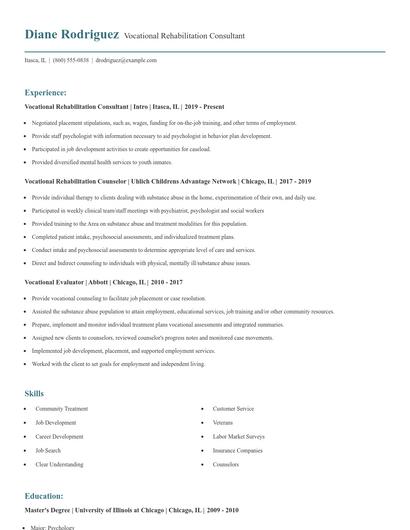 Vocational Rehabilitation Consultant Resume