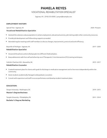 Vocational Rehabilitation Specialist Resume