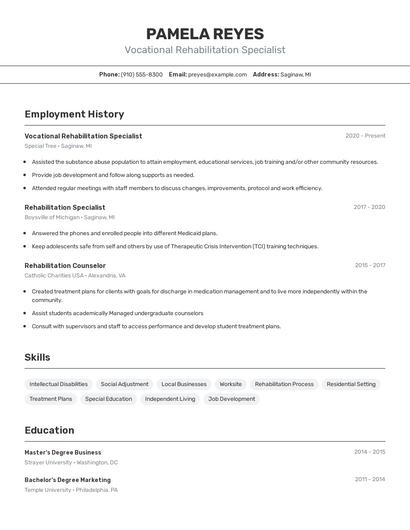 Vocational Rehabilitation Specialist Resume