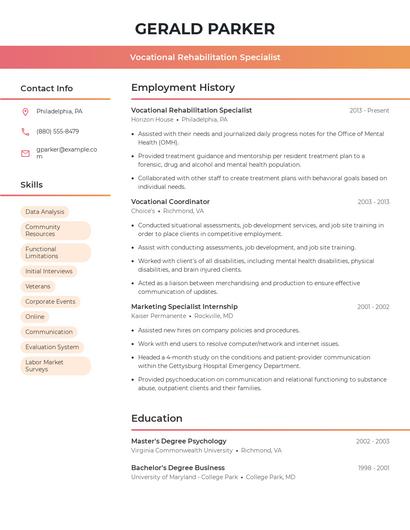 Vocational Rehabilitation Specialist Resume