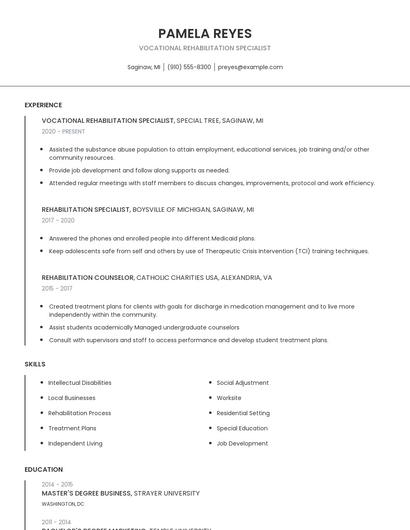 Vocational Rehabilitation Specialist Resume