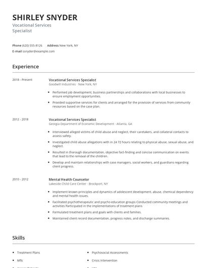 Vocational Services Specialist Resume