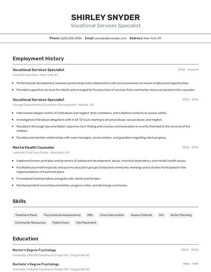 Vocational Services Specialist Resume