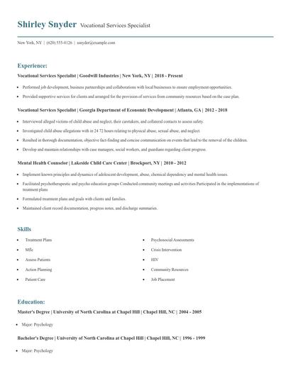 Vocational Services Specialist Resume