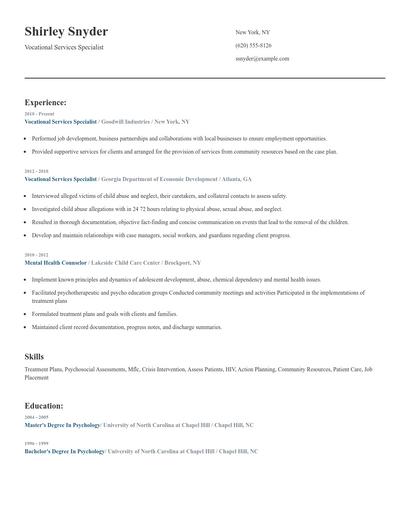 Vocational Services Specialist Resume