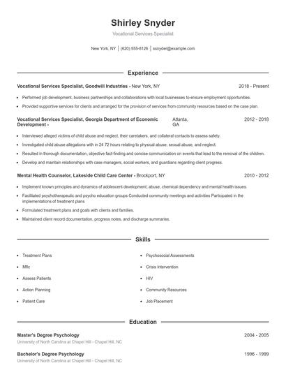 Vocational Services Specialist Resume