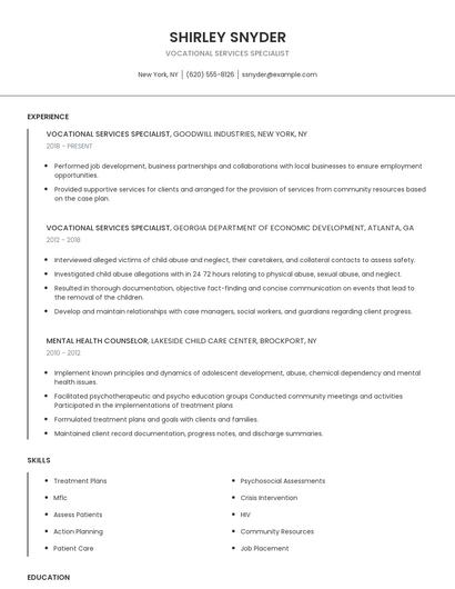Vocational Services Specialist Resume