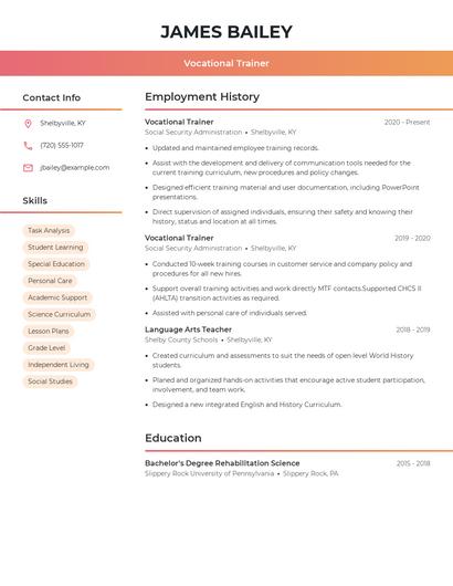 Vocational Trainer Resume