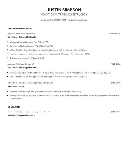 Vocational Training Instructor Resume