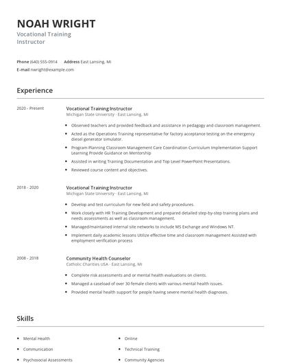 Vocational Training Instructor Resume