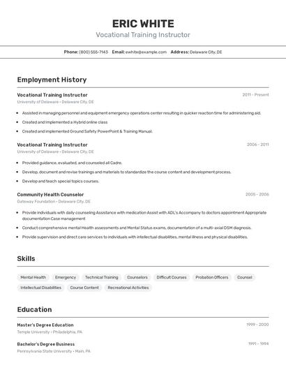 Vocational Training Instructor Resume