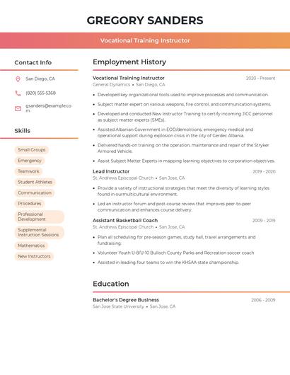 Vocational Training Instructor Resume