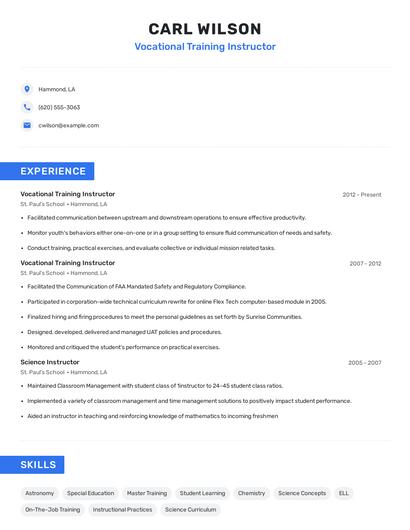Vocational Training Instructor Resume