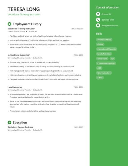 Vocational Training Instructor Resume