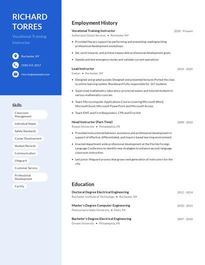 Vocational Training Instructor Resume