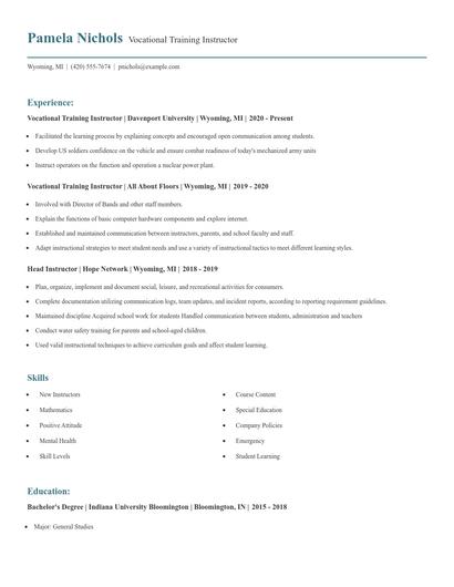 Vocational Training Instructor Resume