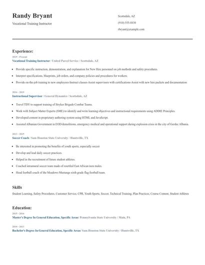 Vocational Training Instructor Resume
