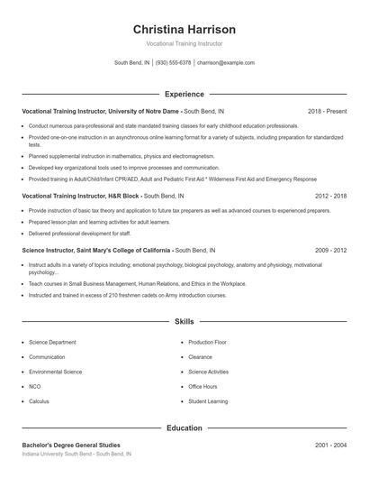 Vocational Training Instructor Resume