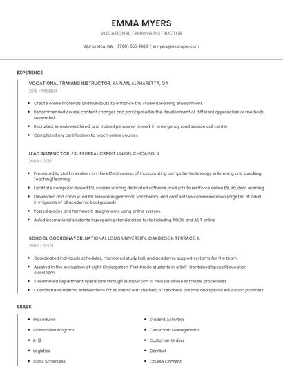 Vocational Training Instructor Resume