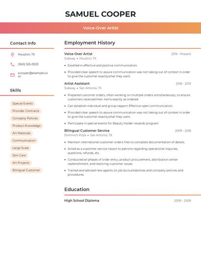 Voice-Over Artist Resume
