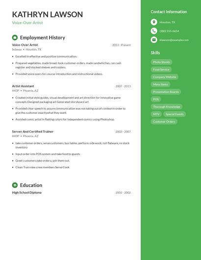 Voice-Over Artist Resume