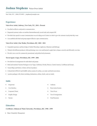 Voice-Over Artist Resume