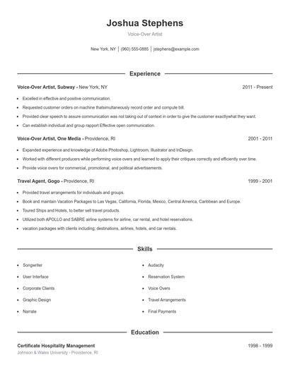 Voice-Over Artist Resume