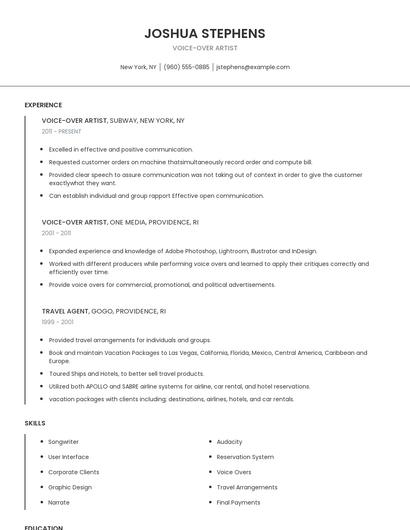 Voice-Over Artist Resume