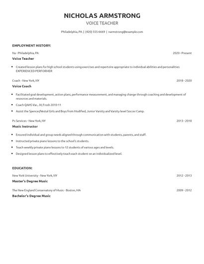 Voice Teacher Resume